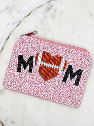 PREORDER: Football Heart 'Mom' Beaded Zip Pouch in Two Colors Ave Shops