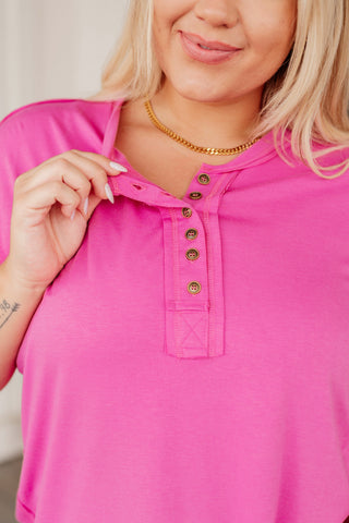 On A Whim Pink Raw Hem Henley Tee - Fashion Are Us, LLC